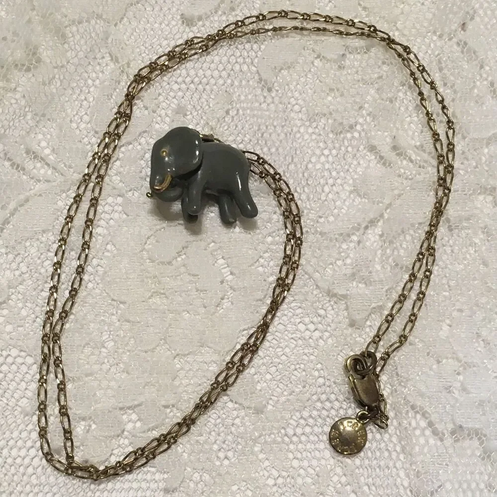 J.Crew Gray Enamel Elephant Charm Pendant Necklace Gold Tone apprx 25